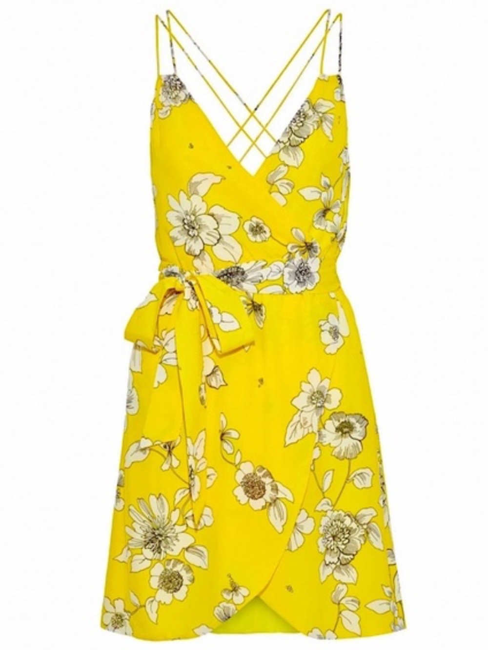 Alice + Olivia Bright Yellow Floral Wrap Dress with Crisscross Straps